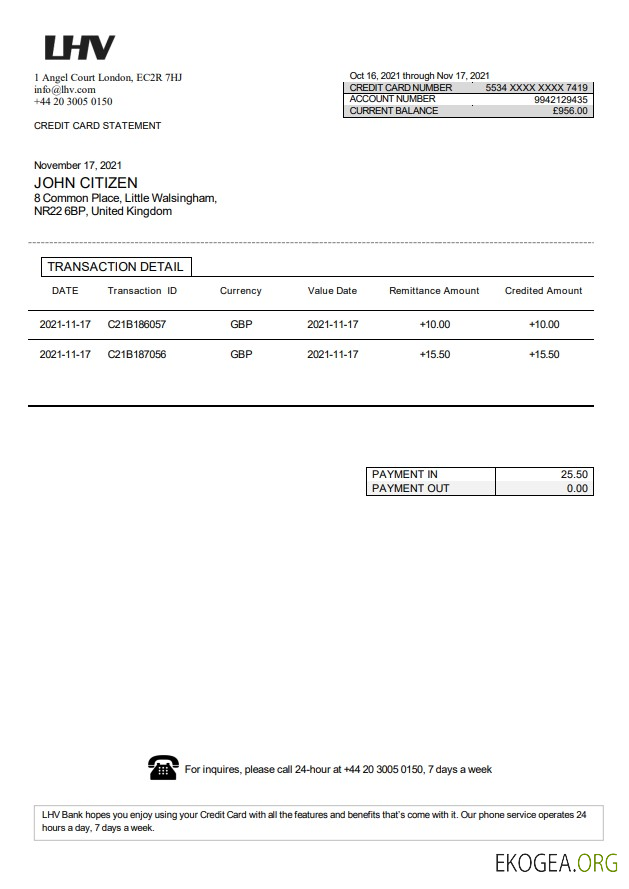 Relevé bancaire du Groupe LHV Royaume Uni au format Word et PDF